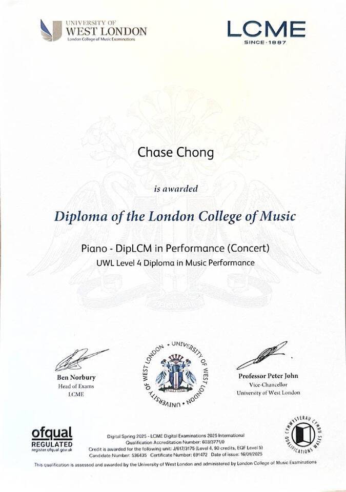 Diploma in Piano Performance from LCME at the University of West London (January 2025)