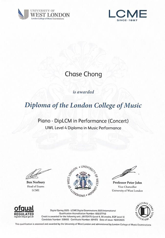 Diploma in Piano Performance from LCME at the University of West London (January 2025, UK)