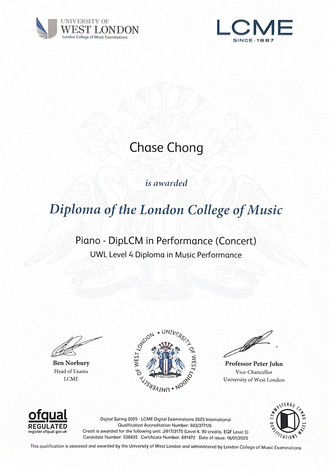 Diploma in Piano Performance from LCME at the University of West London (January 2025, UK)