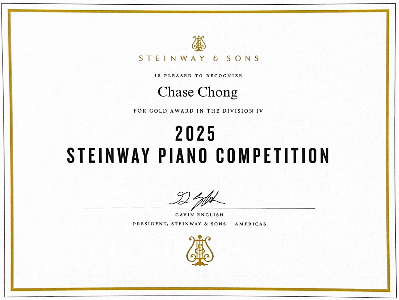2025 Steinway Piano Competition Canada: Gold Award in Division IV (ages 14–18)