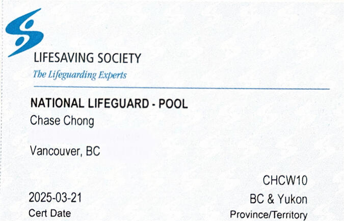 Obtained the National Lifeguard Pool certification (March 2025)