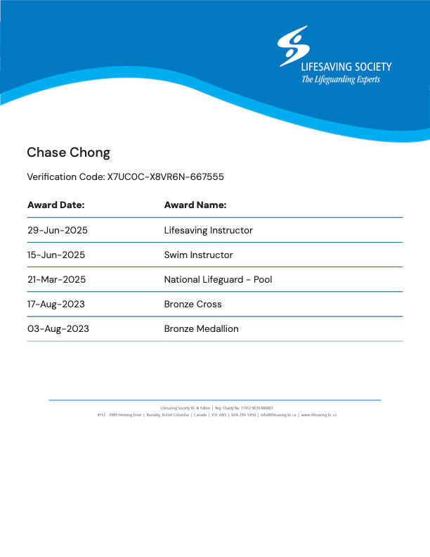 Awarded National Lifeguard, Swim Instructor and Lifesaving Instructor certifications from the Lifesaving Society