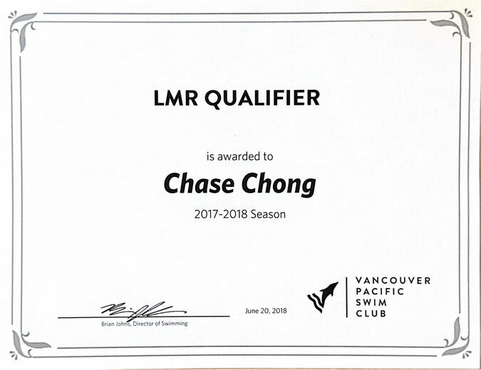 Lower Mainland Regional (LMR) qualified before age nine in competitive swimming