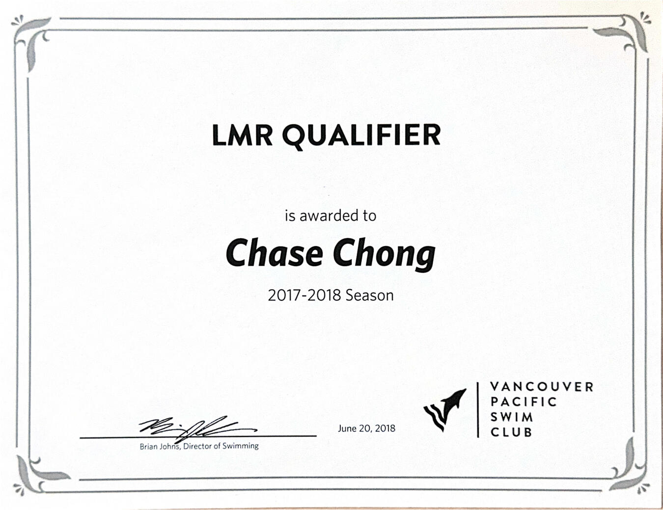 Lower Mainland Regional (LMR) qualified before age nine in competitive swimming