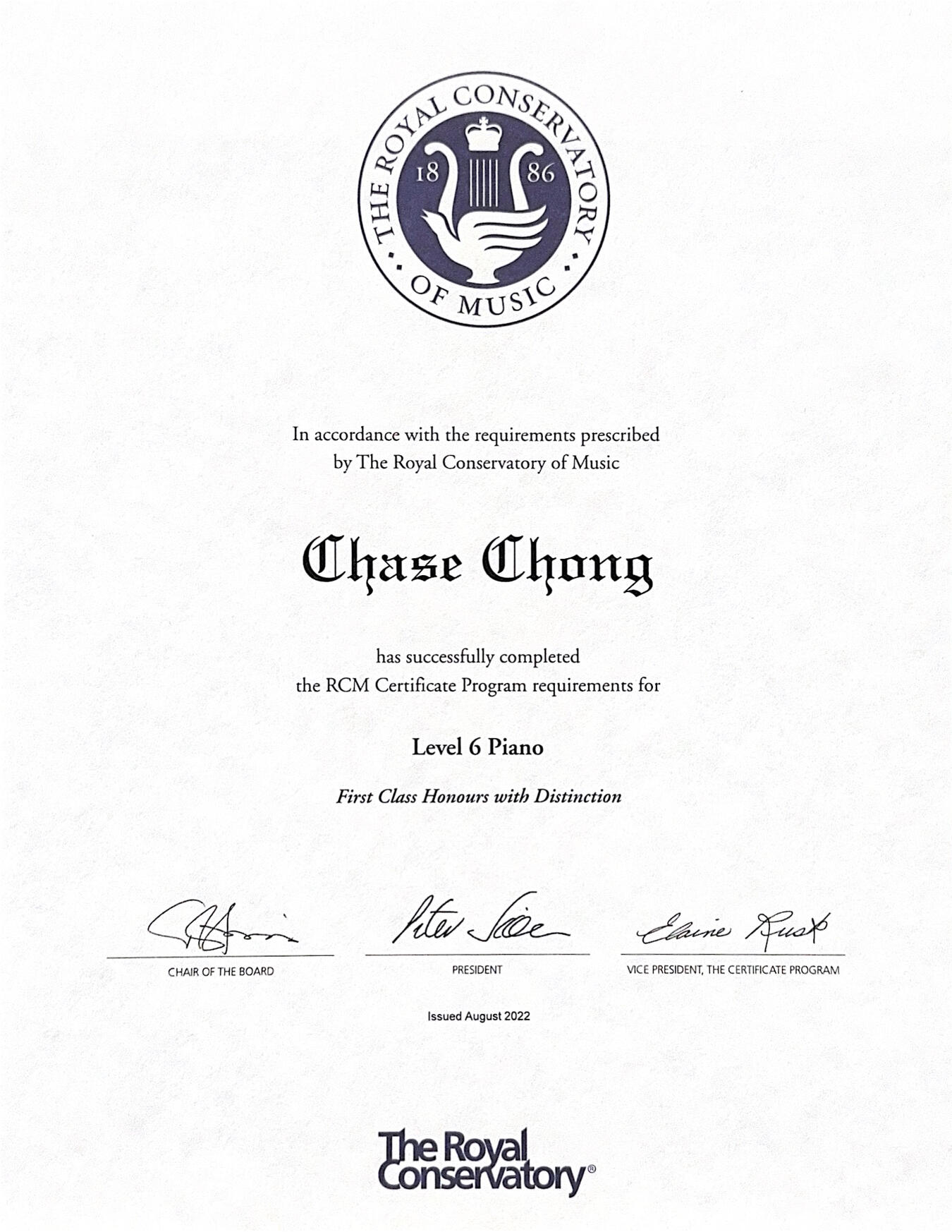 Royal Conservatory of Music Level 6 Piano, First Class Honours with Distinction