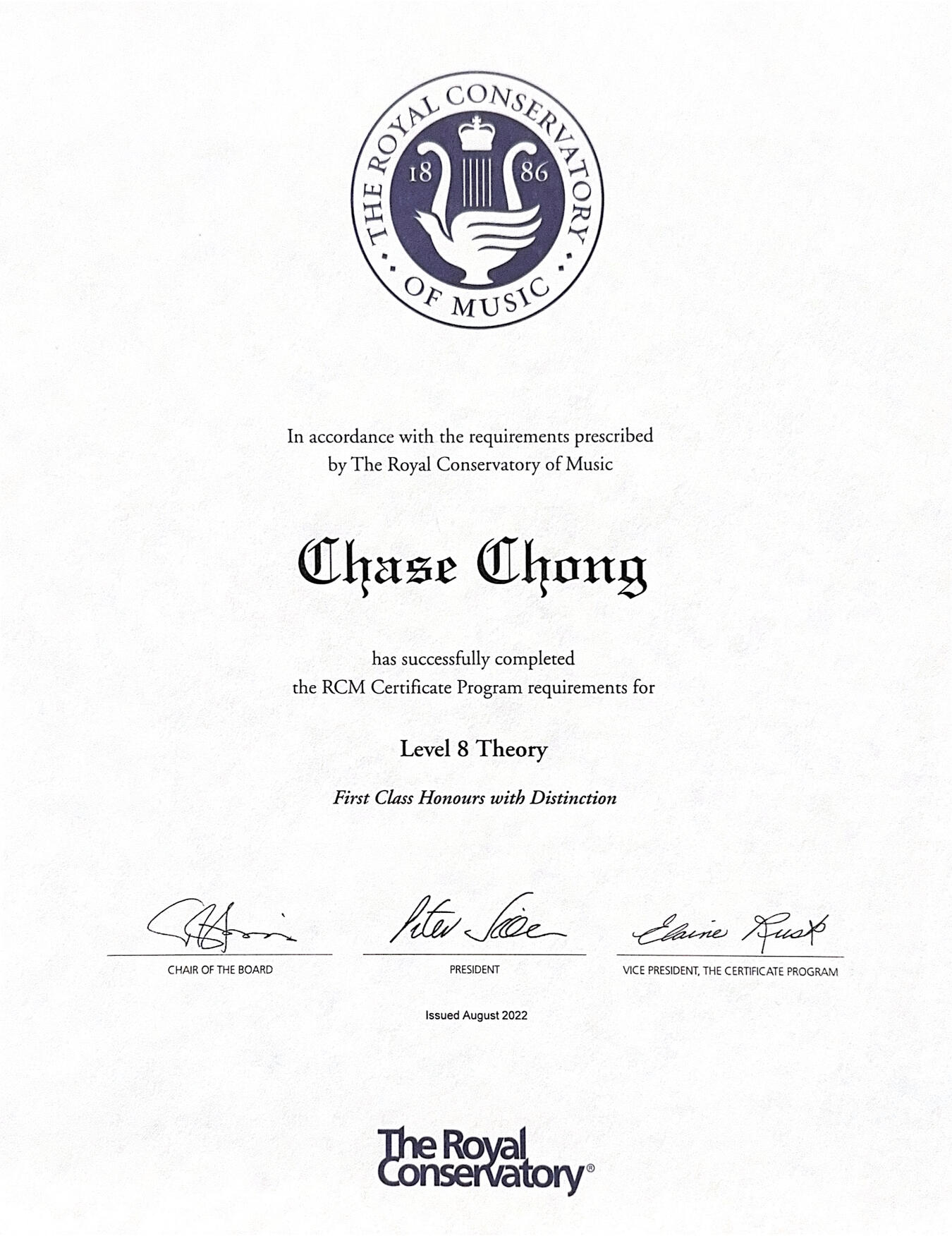 Royal Conservatory of Music Level 8 Theory, First Class Honours with Distinction