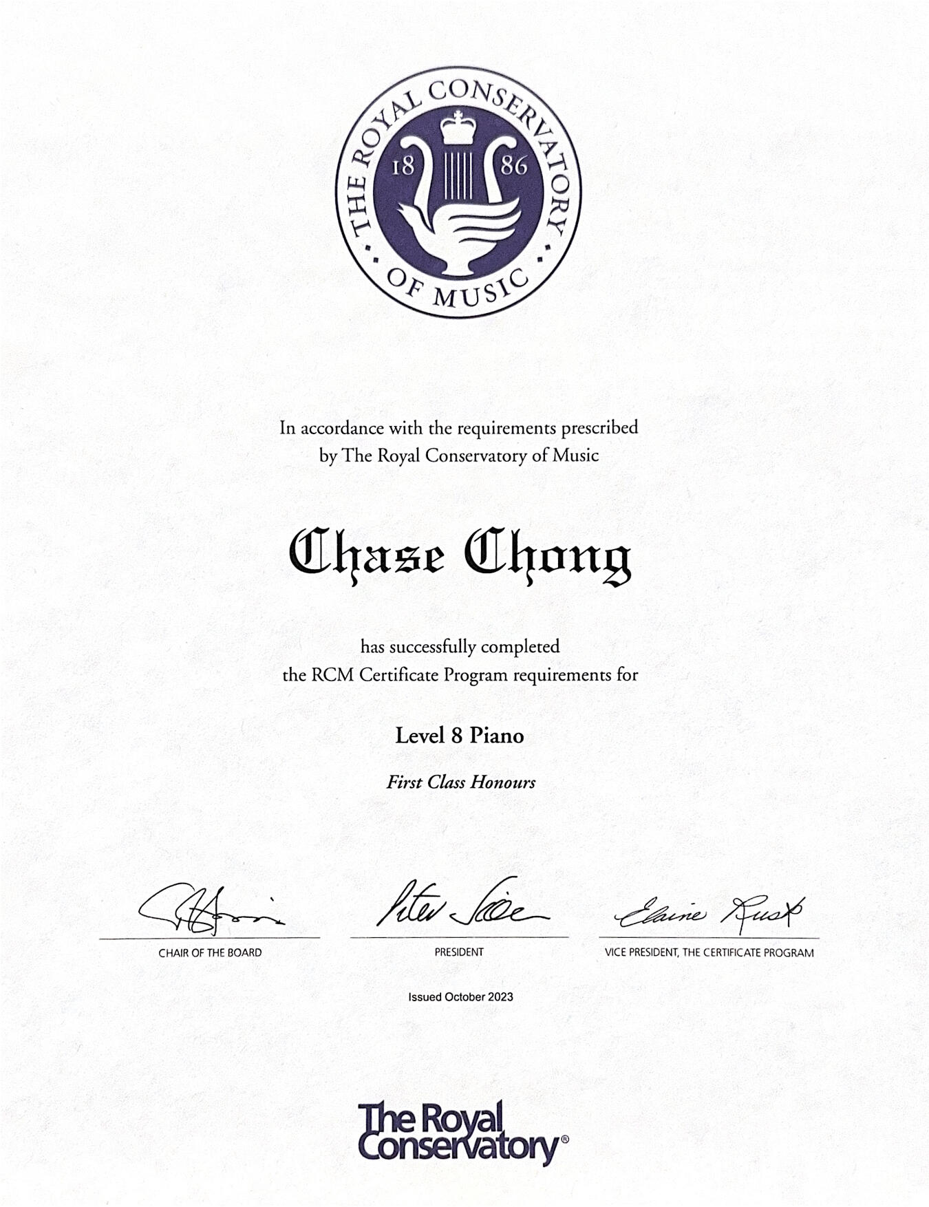 Royal Conservatory of Music Level 8 Piano, First Class Honours