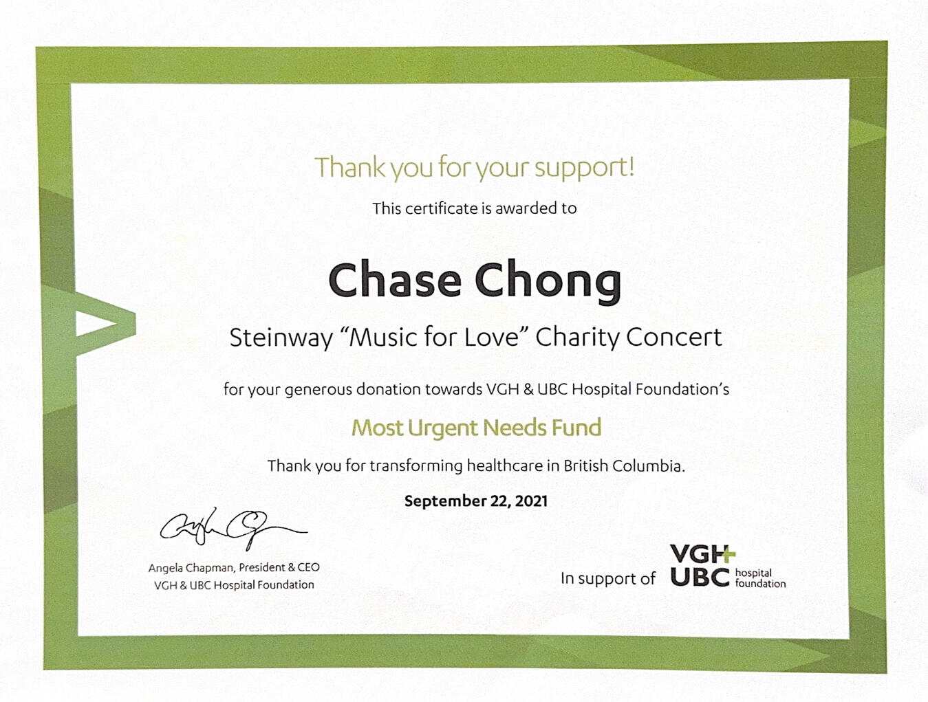 2021 Music for Love Charity Concert - raised $11,990 for Vancouver General Hospital & UBC Hospital Foundation